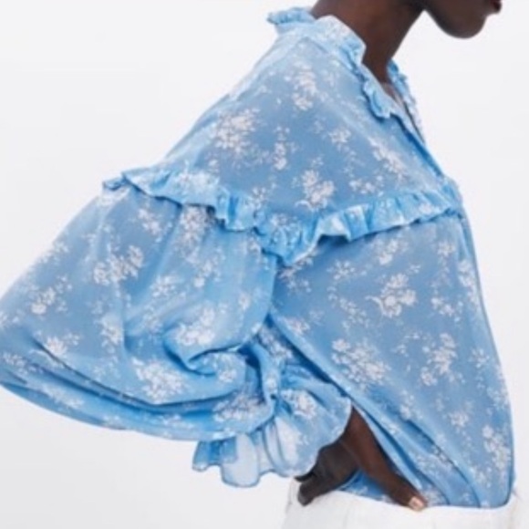 Zara Blue Ruffled Long Sleeve Blouse - Picture 5 of 14